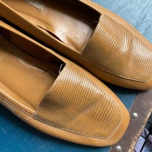 Tan slip on square toe loafers